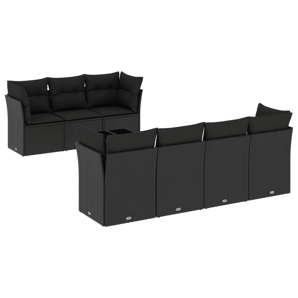 8-piece garden sofa set with cushions, black poly rattan