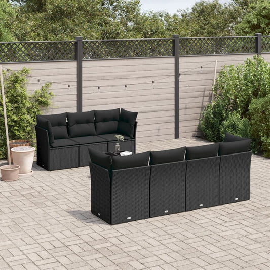8-piece garden sofa set with cushions, black poly rattan