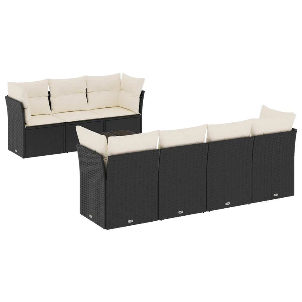 8-piece garden sofa set with cushions, black poly rattan