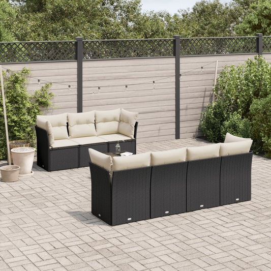 8-piece garden sofa set with cushions, black poly rattan