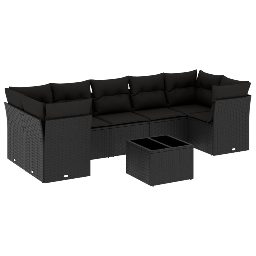 8-piece garden sofa set with cushions, black poly rattan