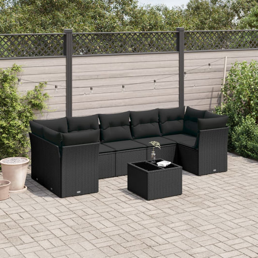 8-piece garden sofa set with cushions, black poly rattan