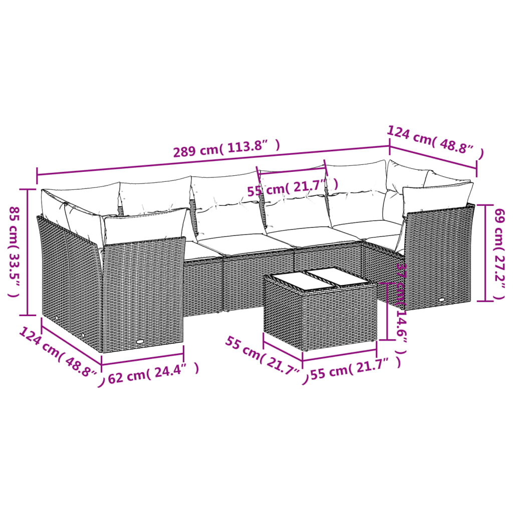 8-piece garden sofa set with cushions, black poly rattan