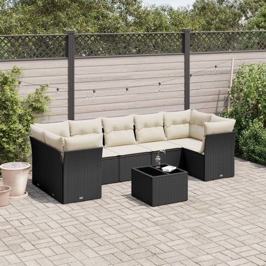 8-piece garden sofa set with cushions, black poly rattan