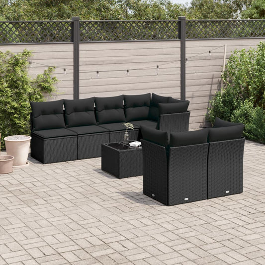 8-piece garden sofa set with cushions, black poly rattan