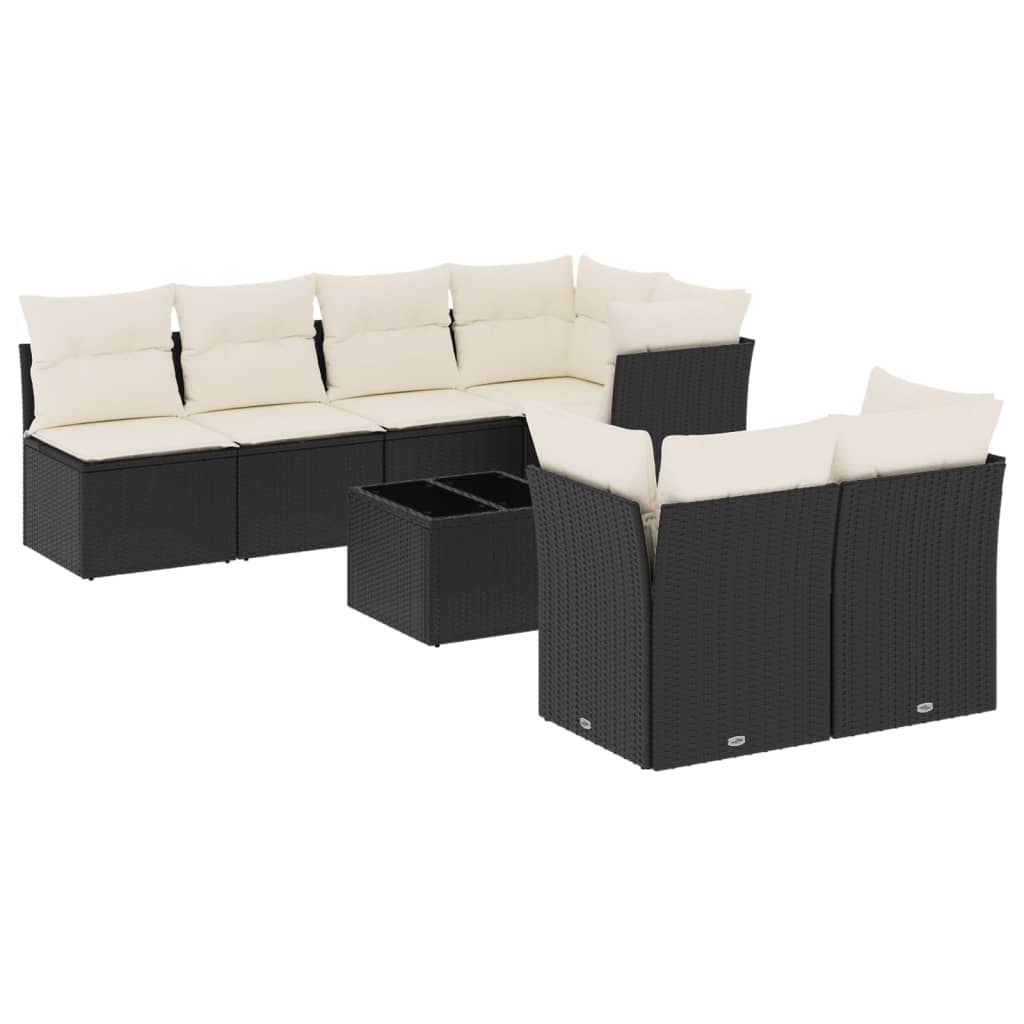 8-piece garden sofa set with cushions, black poly rattan