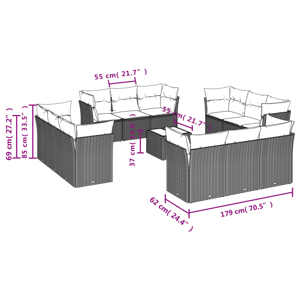 13-tlg. Garten-Sofagarnitur mit Kissen Braun Poly Rattan