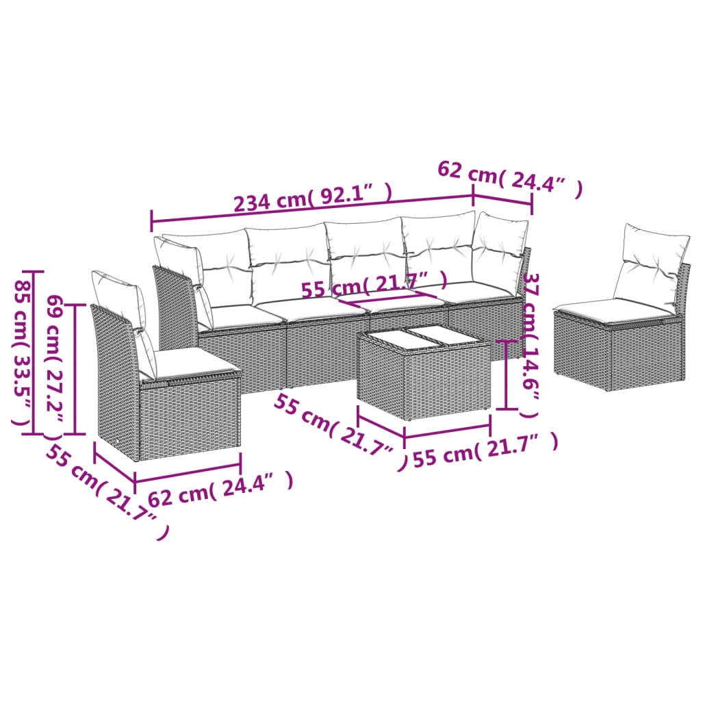 7-tlg. Garten-Sofagarnitur mit Kissen Braun Poly Rattan