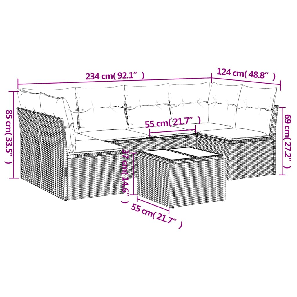 7-tlg. Garten-Sofagarnitur mit Kissen Schwarz Poly Rattan