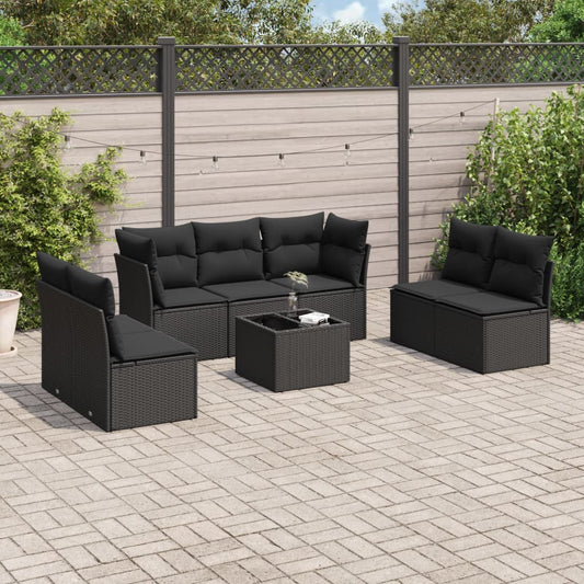 8-piece garden sofa set with cushions, black poly rattan