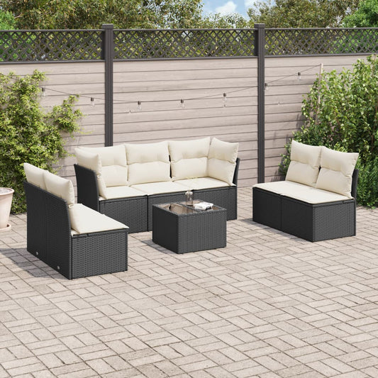 8-piece garden sofa set with cushions, black poly rattan
