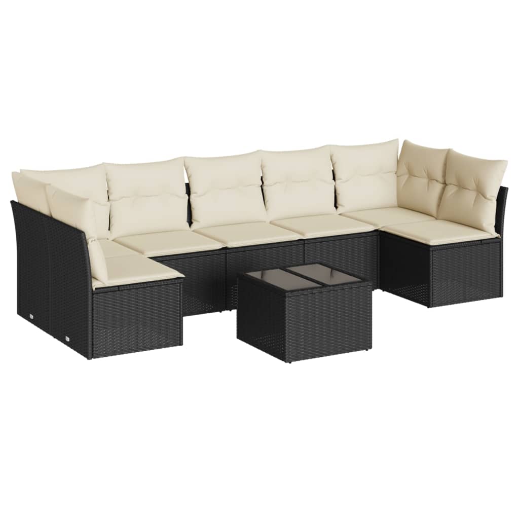 8-piece garden sofa set with cushions, black poly rattan