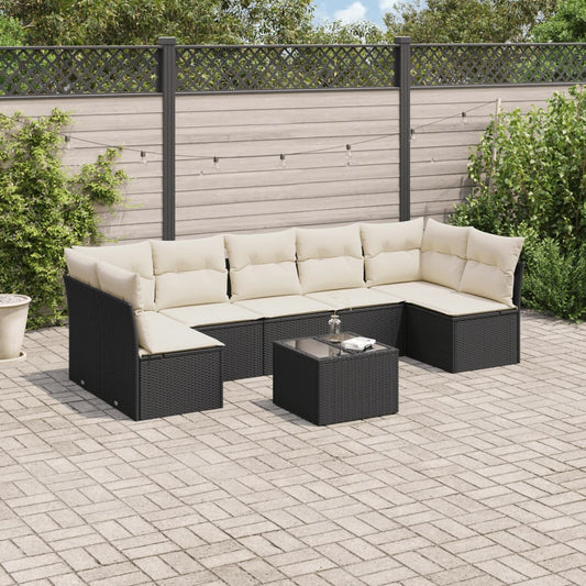 8-piece garden sofa set with cushions, black poly rattan