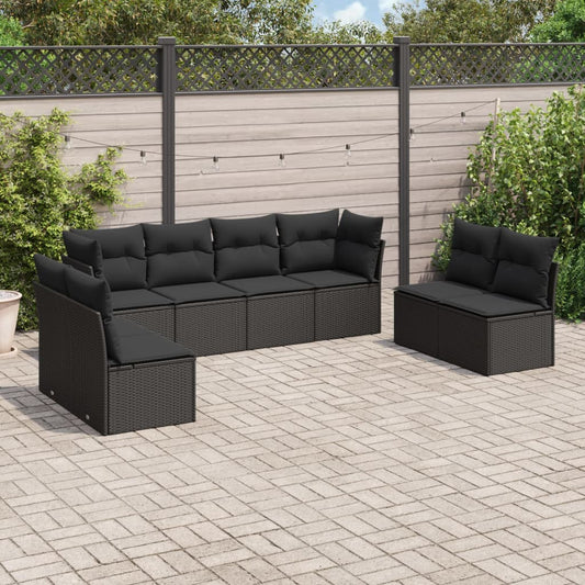 8-piece garden sofa set with cushions, black poly rattan