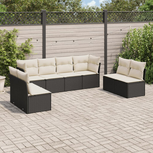 8-piece garden sofa set with cushions, black poly rattan
