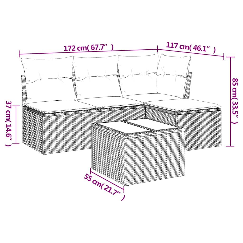 5-tlg. Garten-Sofagarnitur mit Kissen Braun Poly Rattan