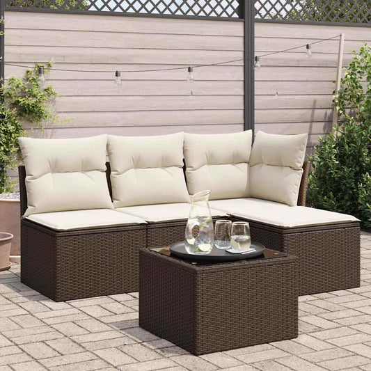 5-tlg. Garten-Sofagarnitur mit Kissen Braun Poly Rattan