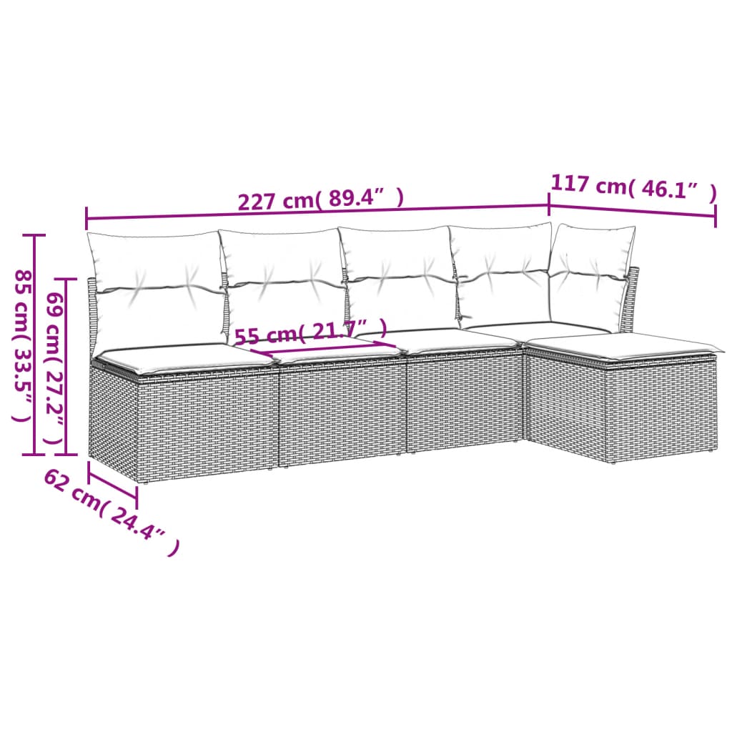 5-tlg. Garten-Sofagarnitur mit Kissen Braun Poly Rattan