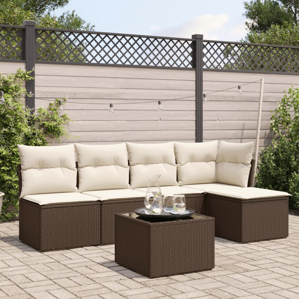 6-tlg. Garten-Sofagarnitur mit Kissen Braun Poly Rattan