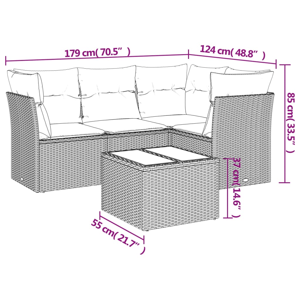 5-tlg. Garten-Sofagarnitur mit Kissen Braun Poly Rattan