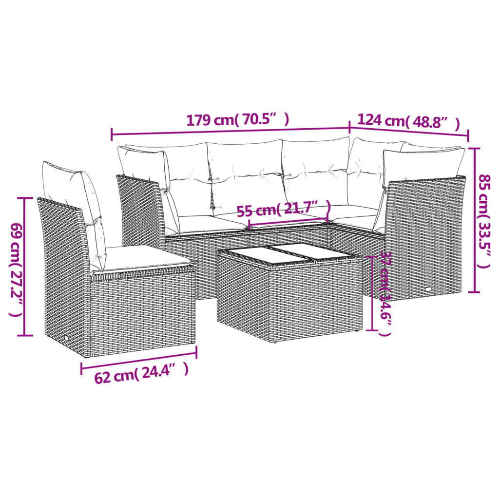 6-tlg. Garten-Sofagarnitur mit Kissen Braun Poly Rattan