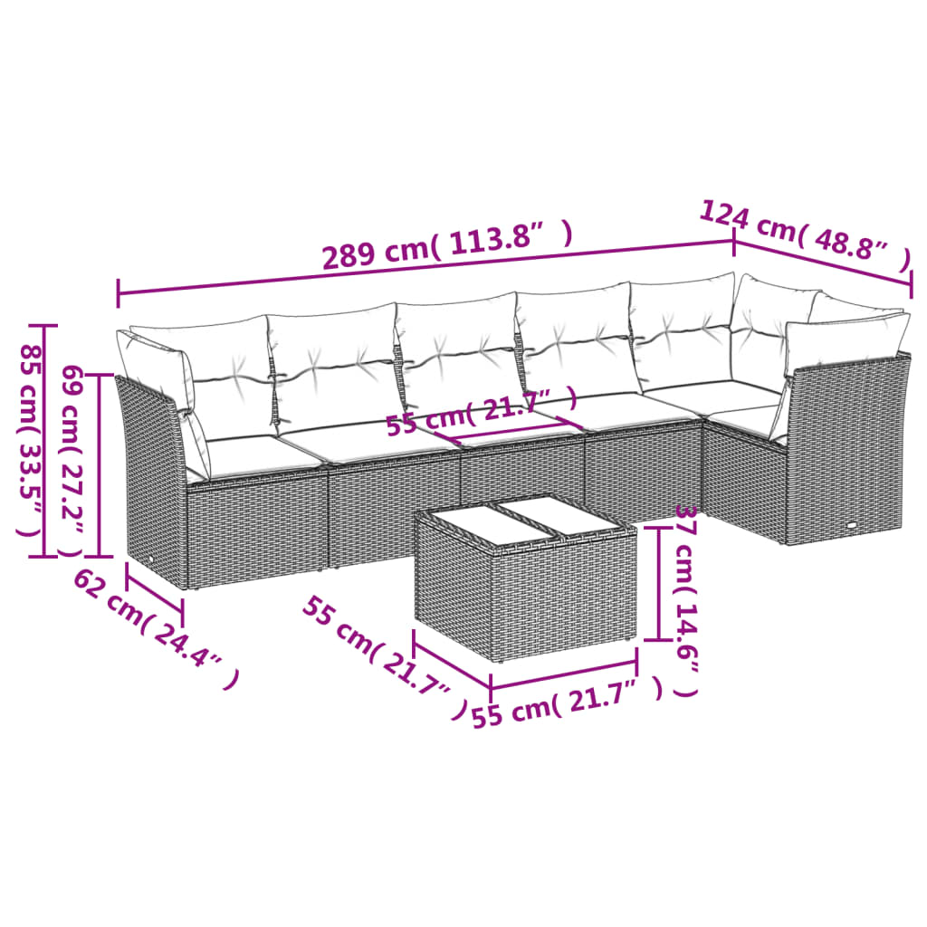 7-tlg. Garten-Sofagarnitur mit Kissen Braun Poly Rattan