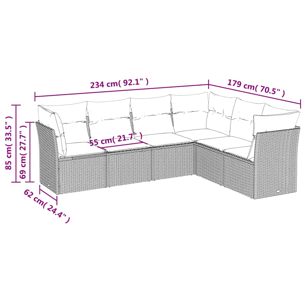 6-tlg. Garten-Sofagarnitur mit Kissen Schwarz Poly Rattan