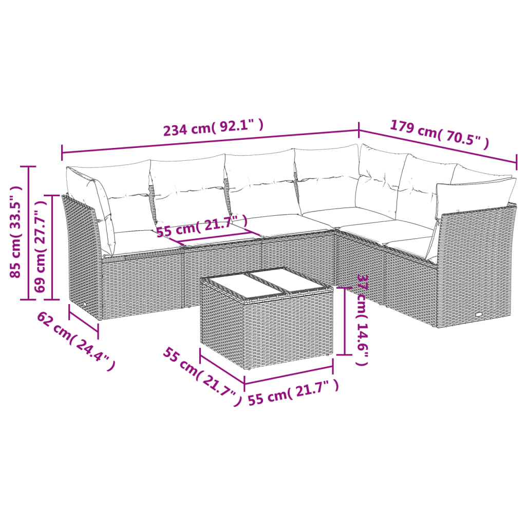7-tlg. Garten-Sofagarnitur mit Kissen Schwarz Poly Rattan