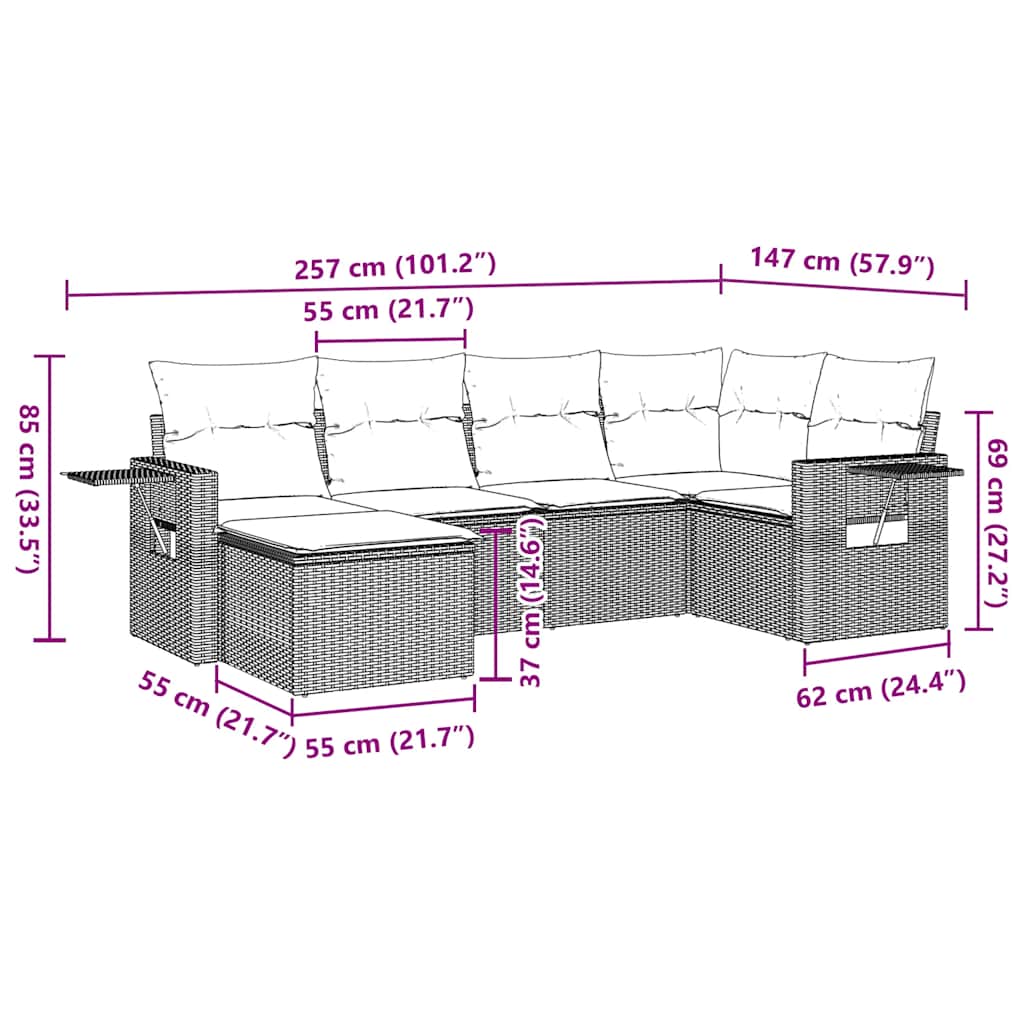 7-tlg. Garten-Sofagarnitur mit Kissen Schwarz Poly Rattan