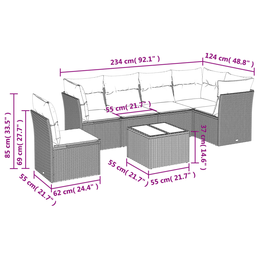 7-tlg. Garten-Sofagarnitur mit Kissen Braun Poly Rattan