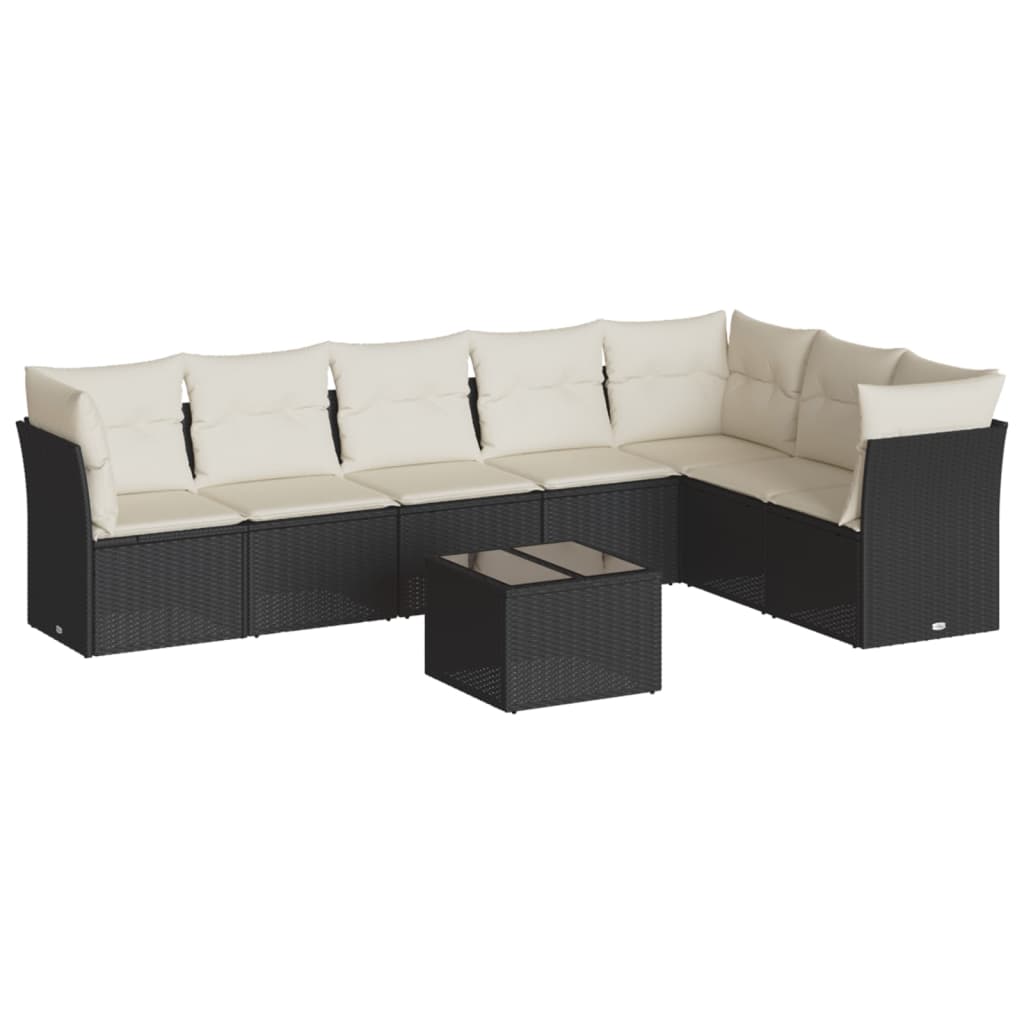 8-piece garden sofa set with cushions, black poly rattan