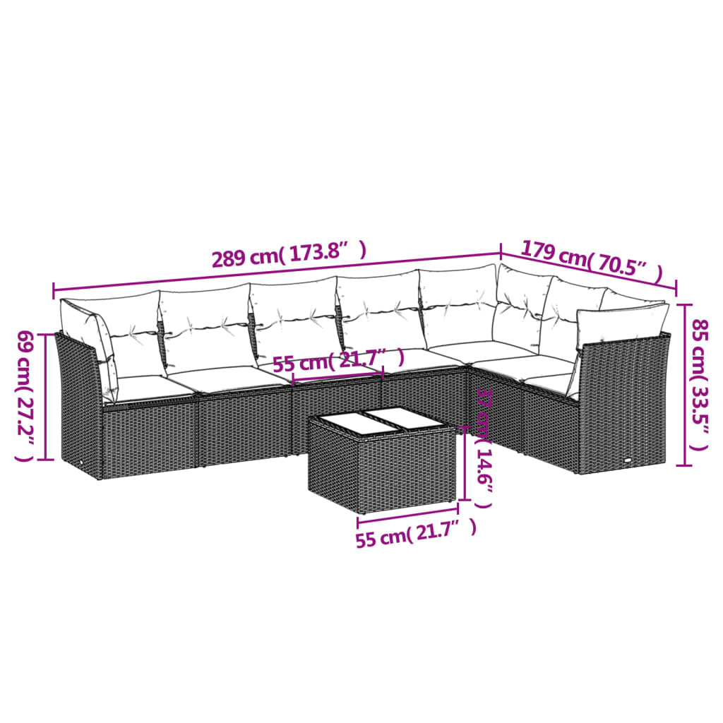 8-piece garden sofa set with cushions, black poly rattan