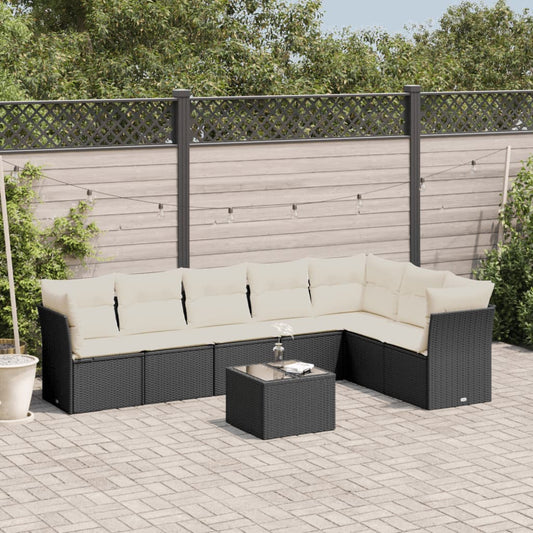 8-piece garden sofa set with cushions, black poly rattan
