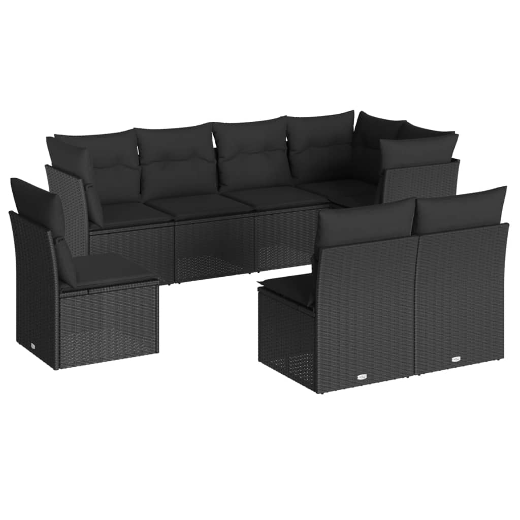 8-piece garden sofa set with cushions, black poly rattan