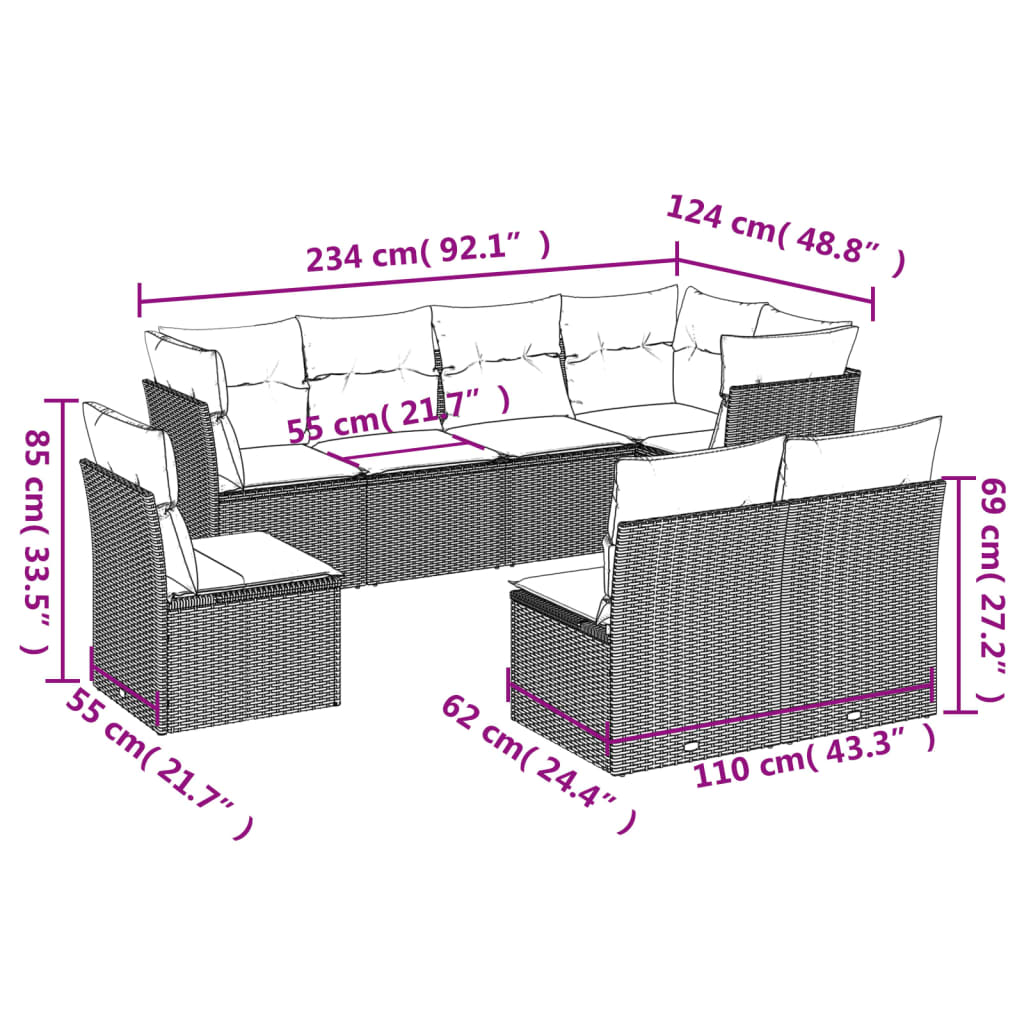 8-piece garden sofa set with cushions, black poly rattan