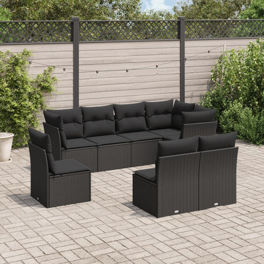 8-piece garden sofa set with cushions, black poly rattan