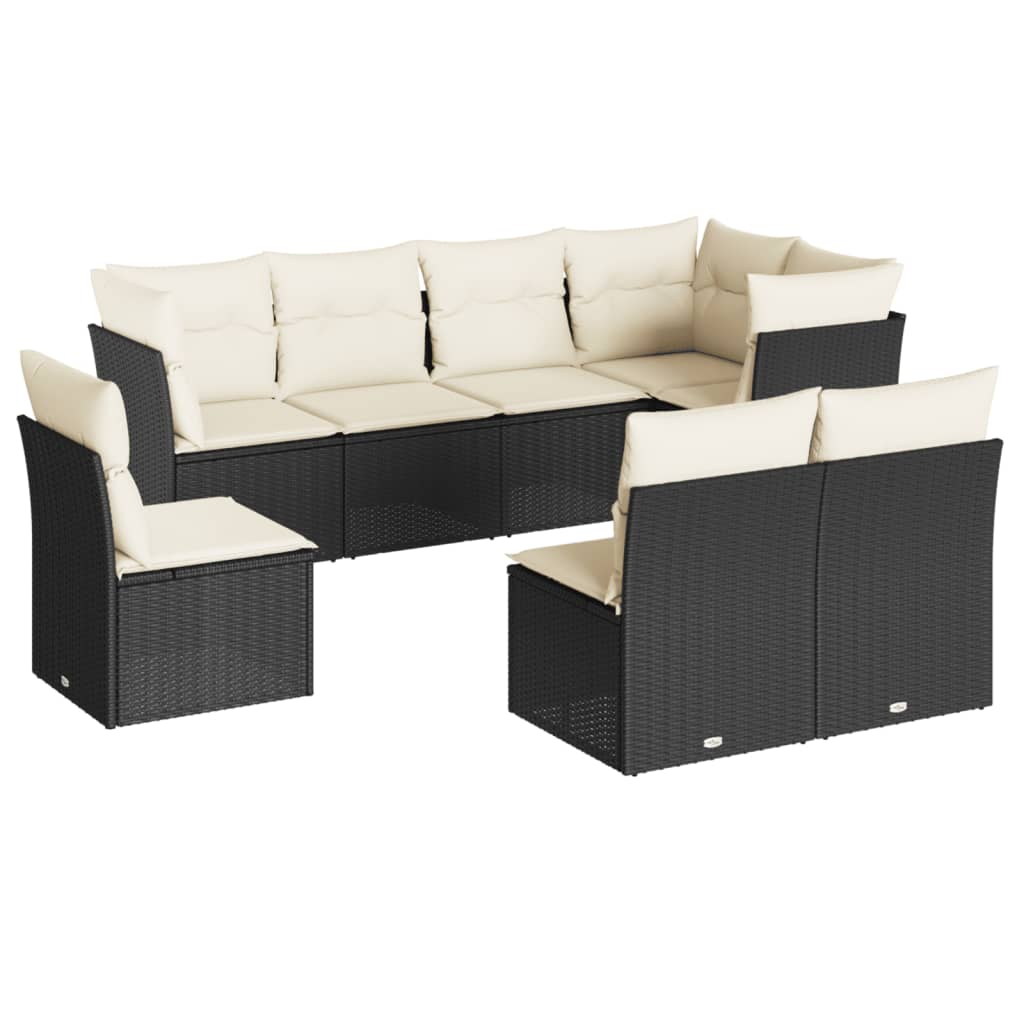 8-piece garden sofa set with cushions, black poly rattan