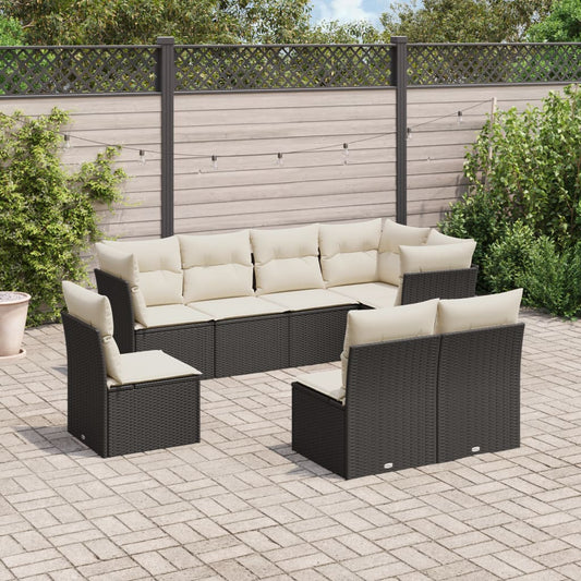 8-piece garden sofa set with cushions, black poly rattan