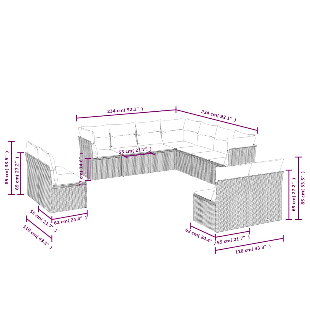 11-tlg. Garten-Sofagarnitur mit Kissen Schwarz Poly Rattan