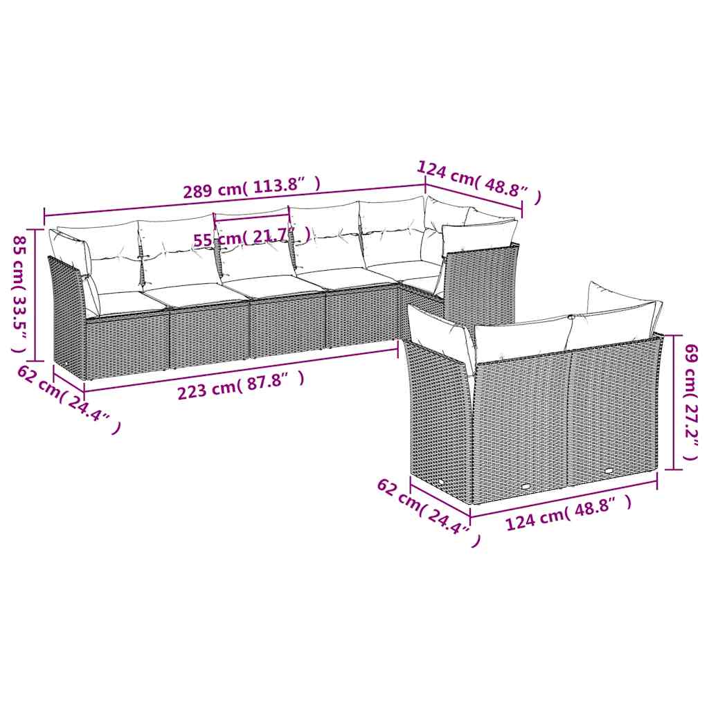 8-tlg. Garten-Sofagarnitur mit Kissen Schwarz Poly Rattan