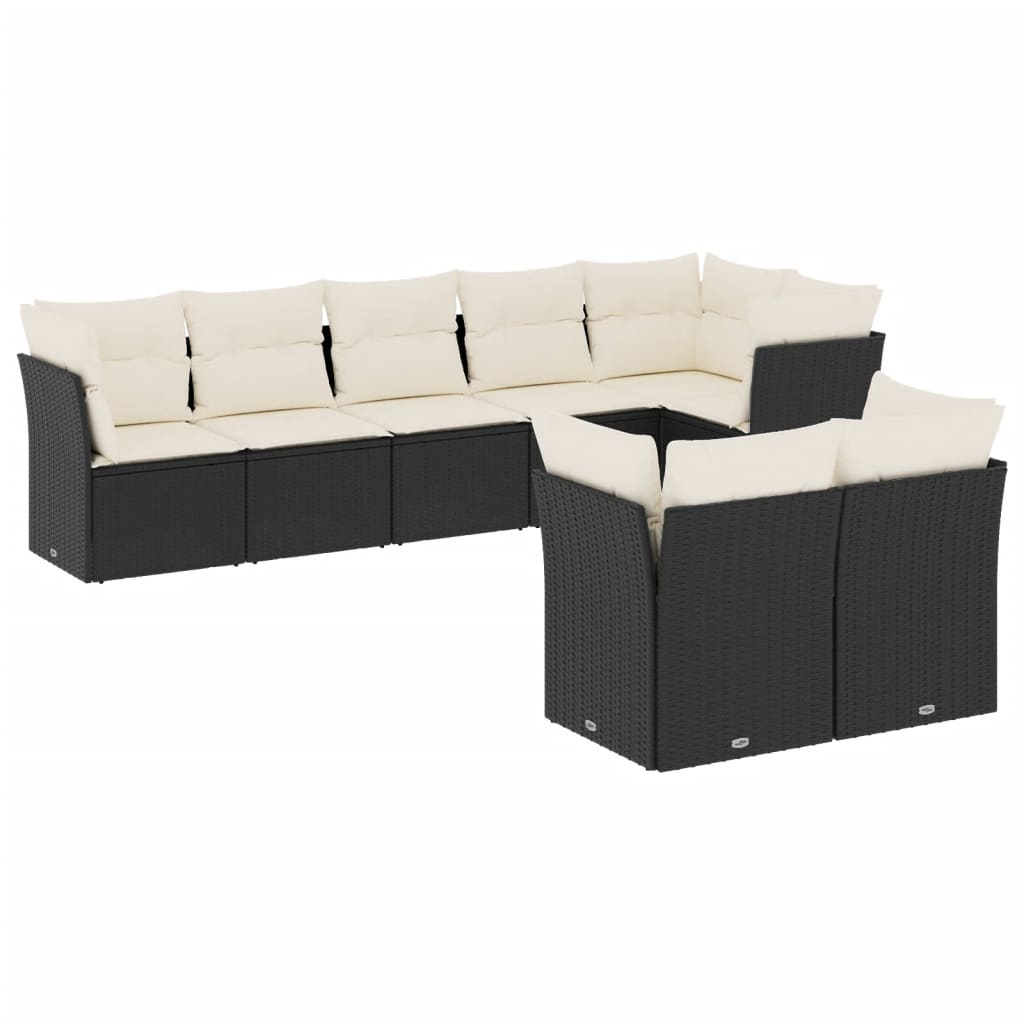8-piece garden sofa set with cushions, black poly rattan
