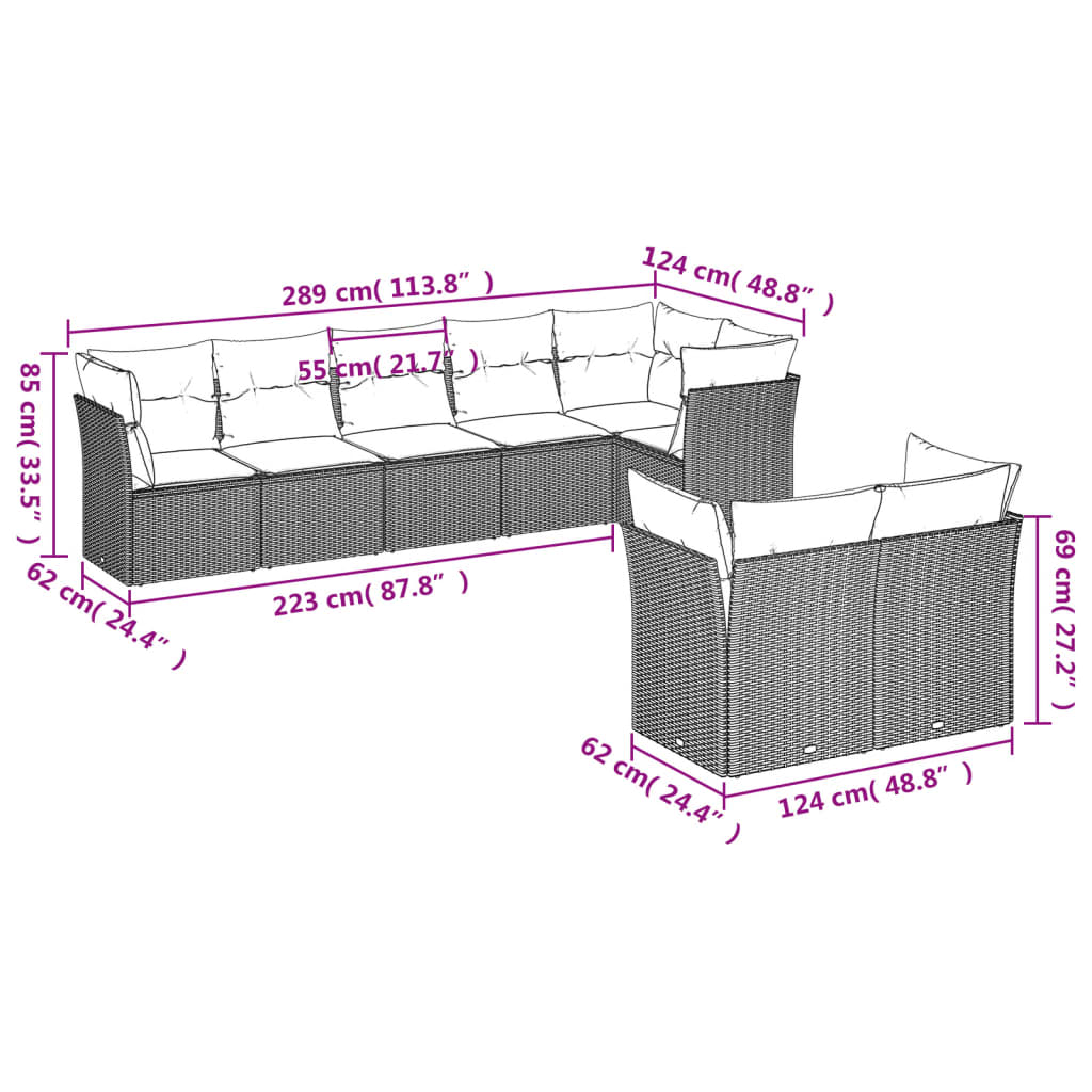 8-piece garden sofa set with cushions, black poly rattan