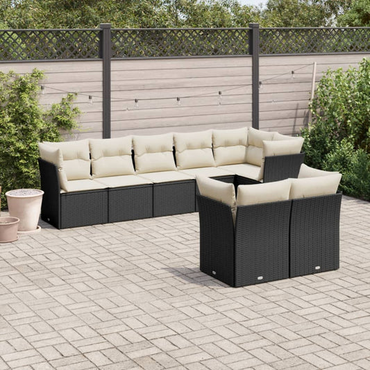 8-piece garden sofa set with cushions, black poly rattan