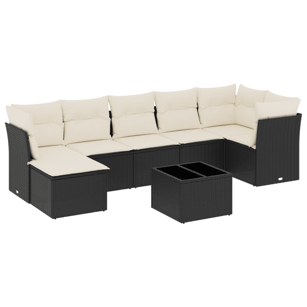 8-piece garden sofa set with cushions, black poly rattan