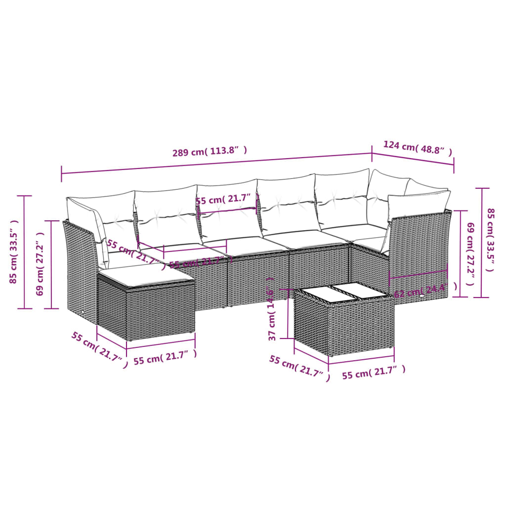 8-piece garden sofa set with cushions, black poly rattan