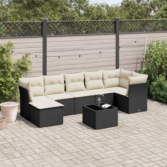 8-piece garden sofa set with cushions, black poly rattan