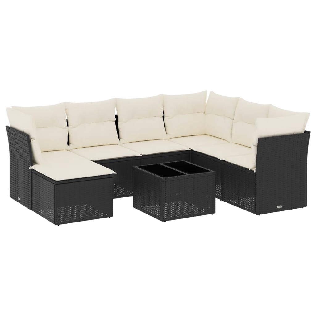 8-piece garden sofa set with cushions, black poly rattan
