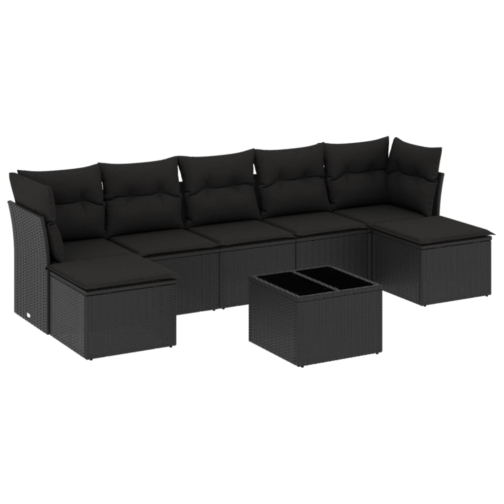 8-piece garden sofa set with cushions, black poly rattan
