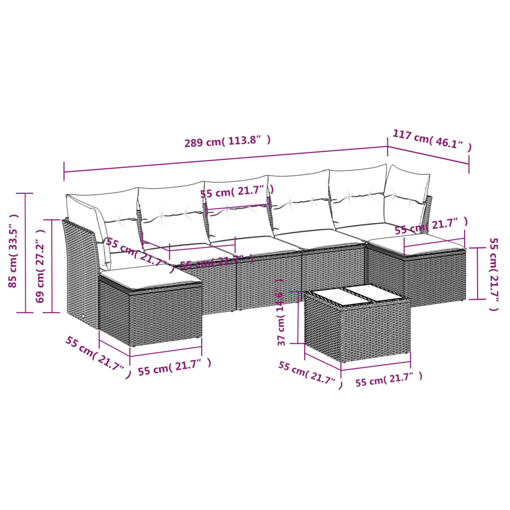 8-piece garden sofa set with cushions, black poly rattan