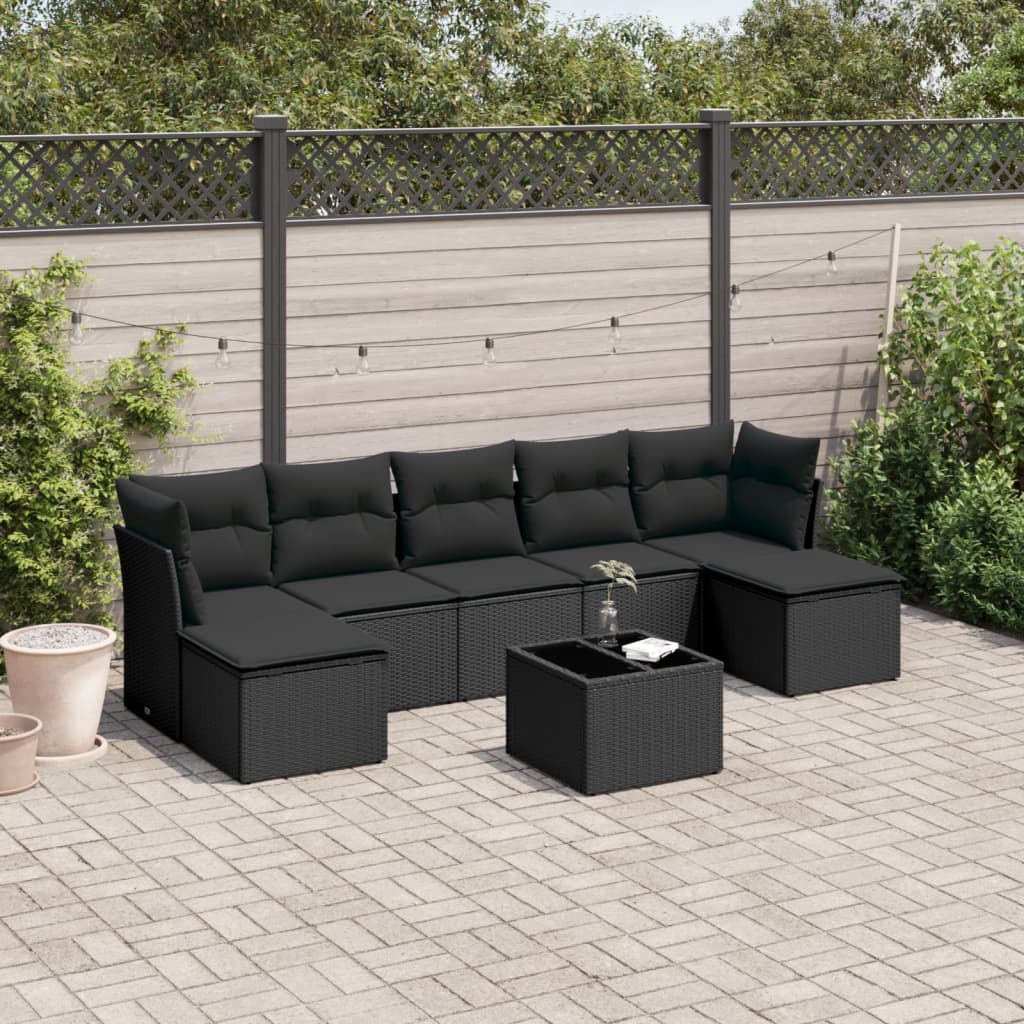 8-piece garden sofa set with cushions, black poly rattan
